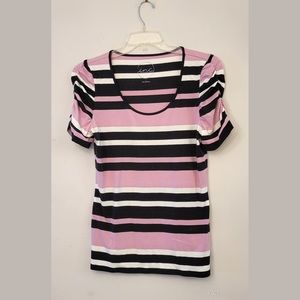 INC fabulous orchid, white and black, scrunched sleeve T-shirt, size large